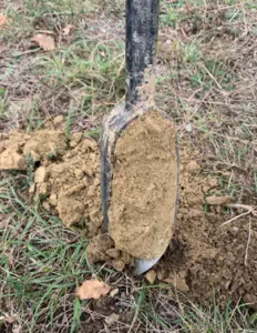 ETUDE DE SOL G2AVP au Val du Faby (11) AUDE Échantillon de sol prélevé avec tarière lors d’un sondage géotechnique en Aude