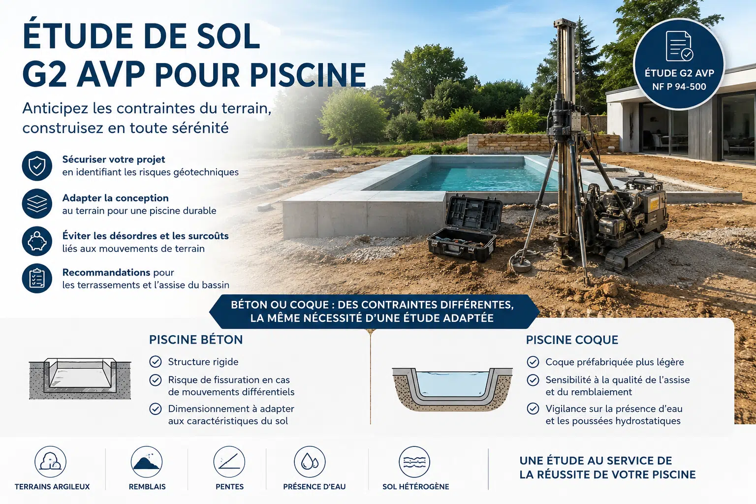 Étude de sol G2 AVP pour piscine béton ou piscine coque – analyse géotechnique du terrain