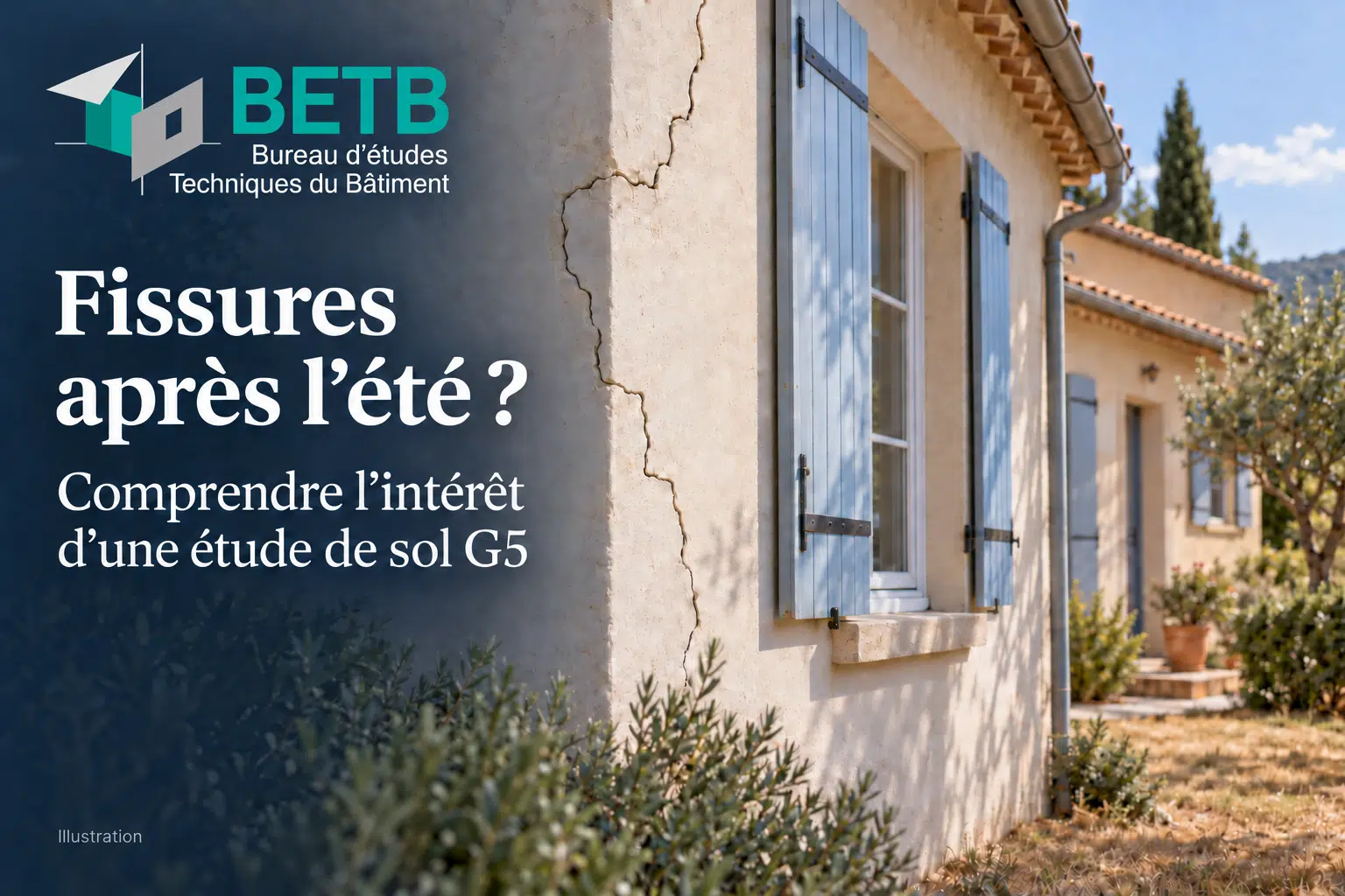 Fissures sur une maison après l’été : étude de sol G5 – BETB Fissures après l’été : une étude géotechnique G5 aide à rechercher les causes liées aux sols et aux fondations.